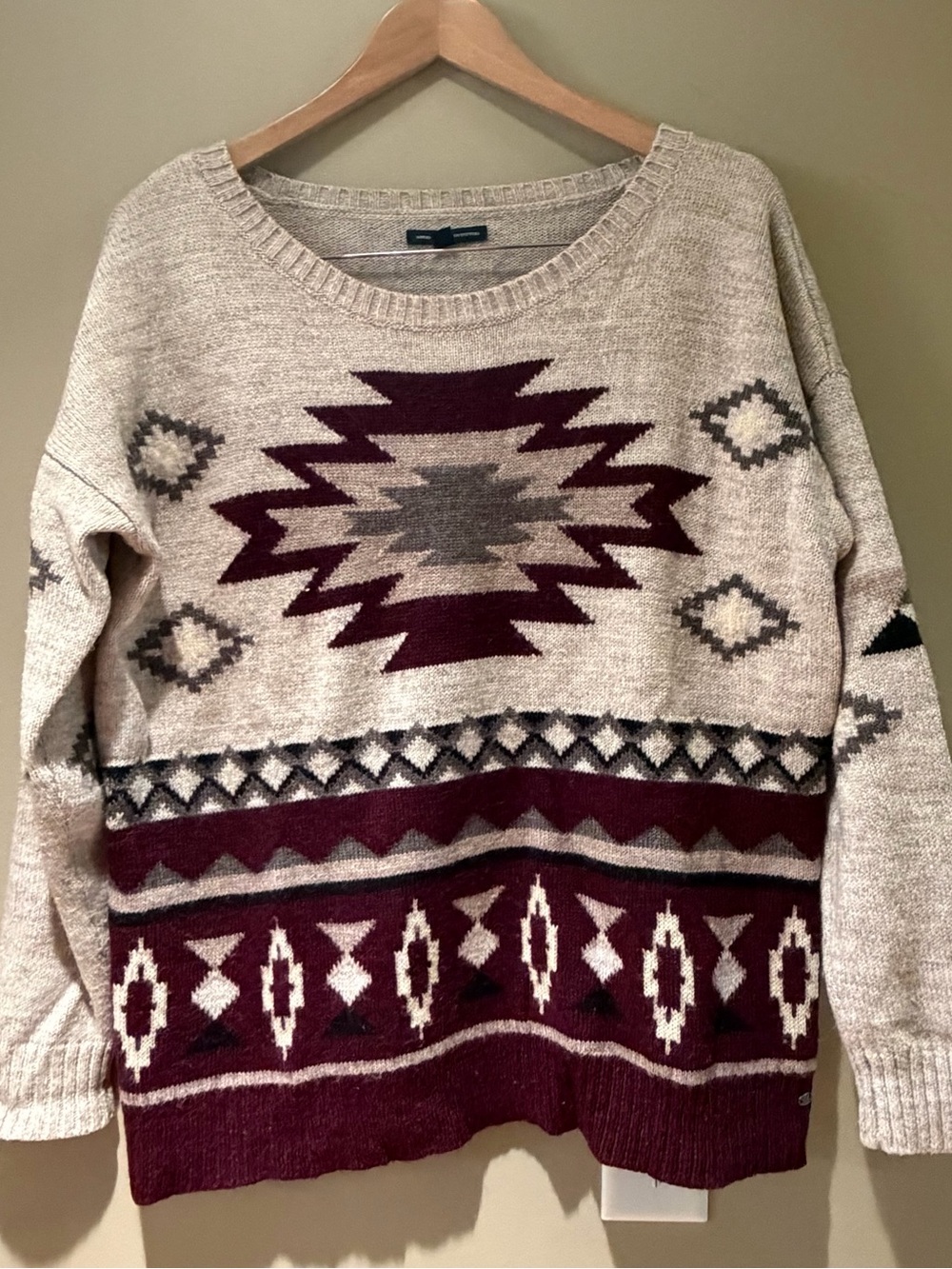 American Eagle Outfitters Beige & Burgundy Aztec Scoop-Neck Sweater